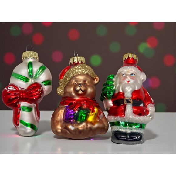 Set of 3 Glass Christmas Ornaments-Santa-Teddy Bear-Candy Cane-Vintage-Holiday - Picture 1 of 6